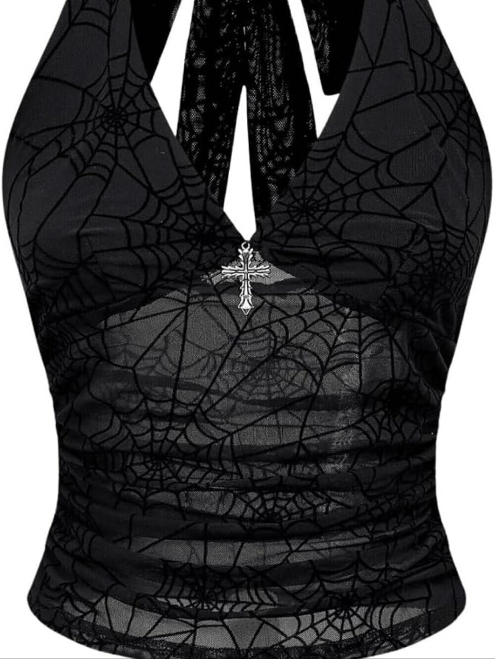 Black Spiderweb Halter Top with Cross Pendant